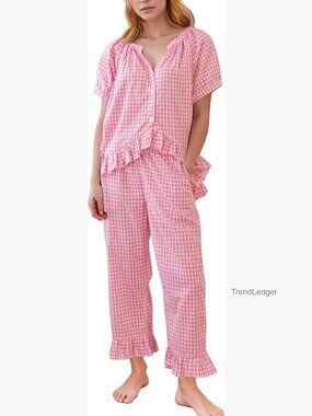 Womens Plaid 2 Piece Pajamas Set Button Down Puff Sleeve Ruffle Pants Lounge Set